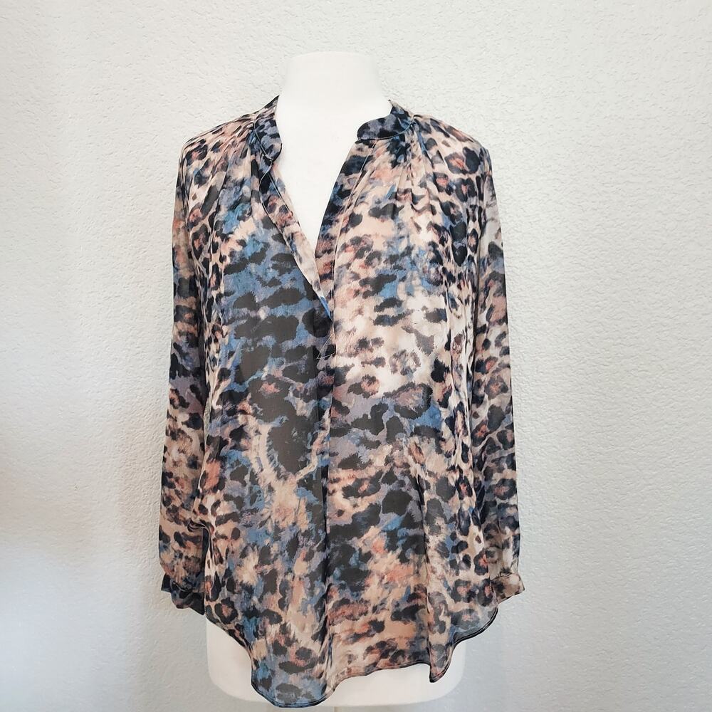 Olivaceous Watercolor Animal Print Sheer Long Sleeve Size M